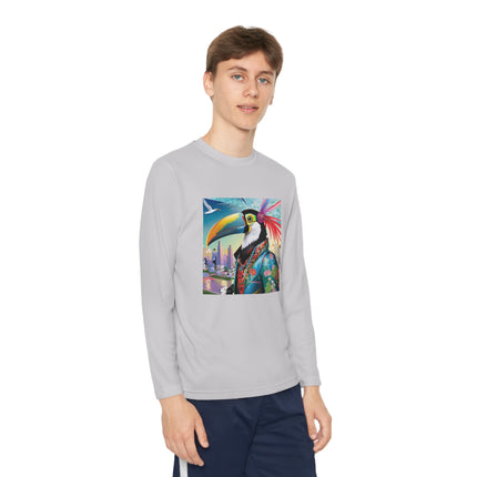 Cyber Toucan Chic Youth Long Sleeve Competitor Tee – Neon Feathers & Futuristic Style