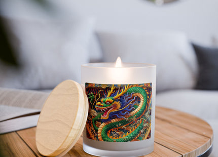 Tibetan Dragon Above Kabuki Stage Frosted Glass Candle, 11oz