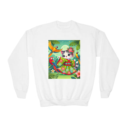 Parrot Dance of the Geisha Kitten Youth Crewneck Sweatshirt – Color, Rhythm & Joyful Expression