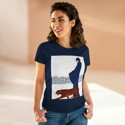 🐆🖤 The Lady With The Leopard Cotton Tee – Art Deco Fashion Illustration