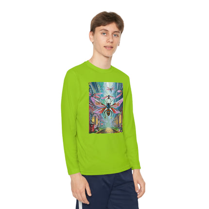 Neon Swarm Youth Long Sleeve Competitor Tee – Cyberpunk Flight & Futuristic Energy