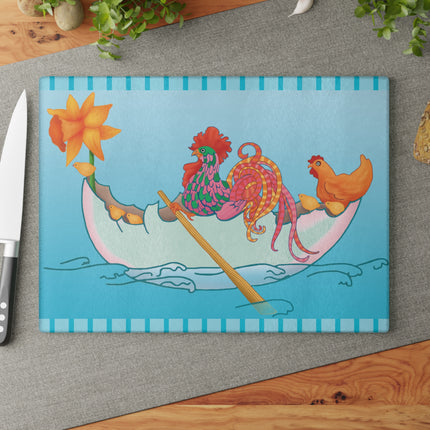 A Rooster's Seafaring Adventure Glass Cutting Board