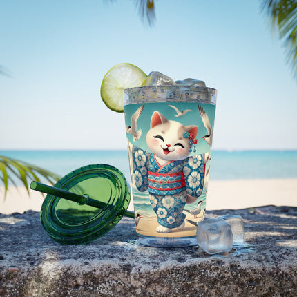 Geisha Kitten by the Seaside Sunsplash Tumbler with Straw, 16oz