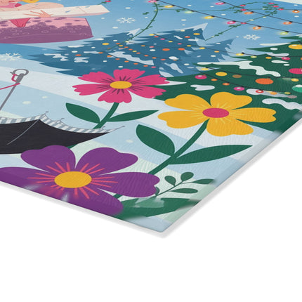 🎁🎄 The Christmas Gift Garden Glass Cutting Board – Whimsical Holiday Fantasy