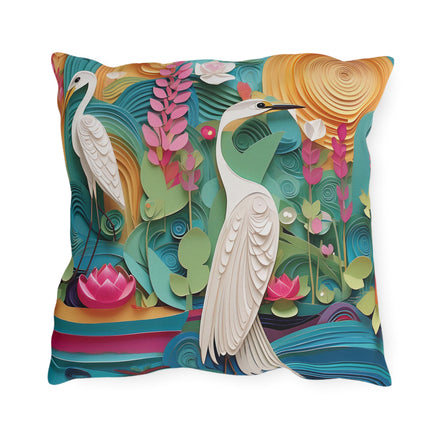 Elegant Egret Oasis Outdoor Pillows