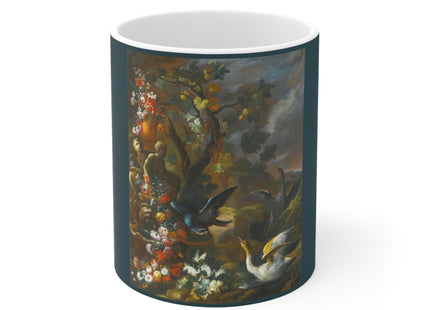 Still Life With Birds Beside An Ornate Fountain by Nicola Casissa Ceramic Mug 11oz