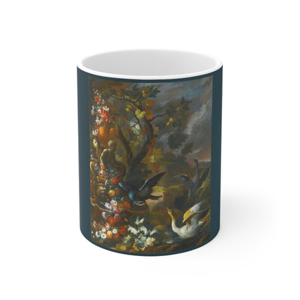 Still Life With Birds Beside An Ornate Fountain by Nicola Casissa Ceramic Mug 11oz