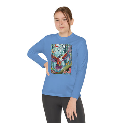 A Colorful Raptor Youth Long Sleeve Competitor Tee – Dino Adventure & Forest Wonder