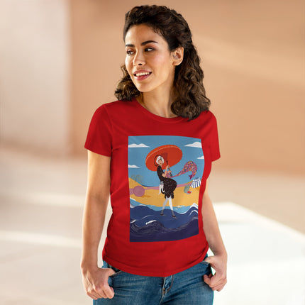 Beachside Promenade Women's Midweight Cotton Tee – Summer Glamour & Coastal Joy