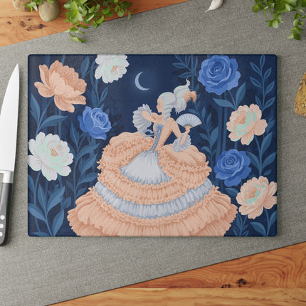🌙🌹 The Lady Of The Moonlit Blue Rose Garden Glass Cutting Board – Art Deco Floral Elegance