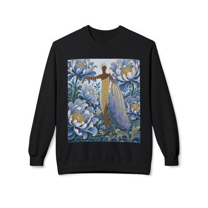 💙✨ The Lady Of The Gilded Blue Blossom Garden Midweight Crewneck Sweatshirt – Art Deco Floral Elegance