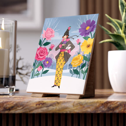 🐇🌹 The Lady With The White Rabbit Ceramic Tile – Art Deco Winter Garden