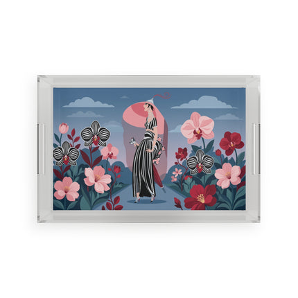 🌸🖤 The Striped Orchid Promenade Acrylic Serving Tray – Art Deco Floral Fashion