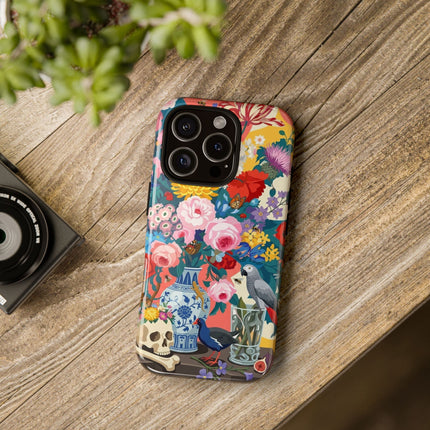 Floral Vanitas Phone Case – Parrot & Porcelain Splendor