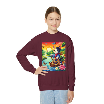 Sailor Kitten’s River Adventure Youth Crewneck Sweatshirt – Exploration, Joy & Storybook Adventure