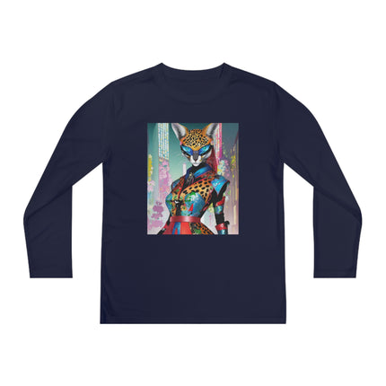 Cyber Cat Glamour Youth Long Sleeve Competitor Tee – Neon Elegance & Futuristic Style