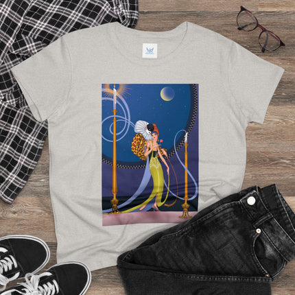Smoke and Secrets: A Glamorous Encounter in Prohibition Era Women's Midweight Cotton Tee