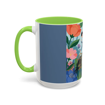 The Lady And The Mysterious Bird Colorful Mugs – Art Deco Botanical Mystery