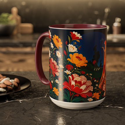 🌺🐦 The Enchanted Birdcage Garden Colorful Mug – Art Deco Floral Fantasy