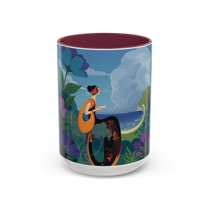 The Lady And The Sea Breeze Colorful Mugs – Art Deco Coastal Serenity