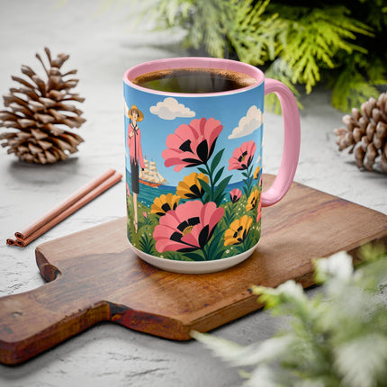🌸⛵ The Seaside Blossom Promenade Colorful Mug – Art Deco Coastal Elegance