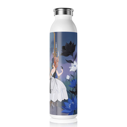 🖤🪞 The Lady At The Midnight Mirror Slim Water Bottle – Art Deco Floral Elegance