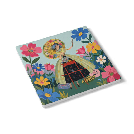 🌸🪞 The Floral Parasol Reflection Ceramic Coaster – Art Deco Garden Fantasy