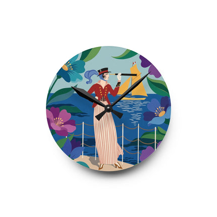 🔭⛵ The Lady Of The Seaside Spyglass Acrylic Wall Clock – Art Deco Coastal Elegance