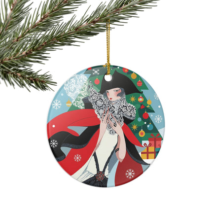 ❤️ The Lady Of The Crimson Scarf Ceramic Ornament – Art Deco Christmas Elegance