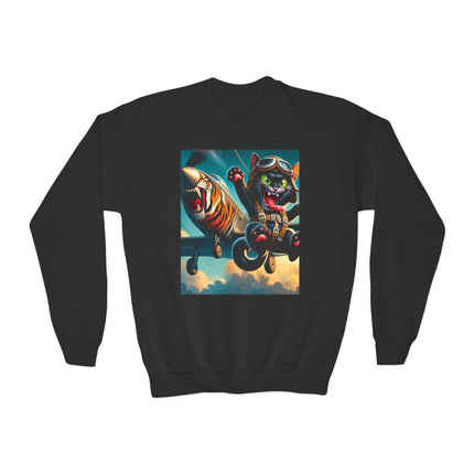 Parachuting Cat Commando Youth Crewneck Sweatshirt – High-Flying Adventure & Bold Fun