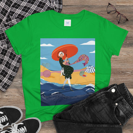 Beachside Promenade Women's Midweight Cotton Tee – Summer Glamour & Coastal Joy