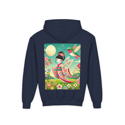 Geisha Fairy and the Hummingbird Blossom Youth Hooded Sweatshirt – Cozy Magic in Bloom