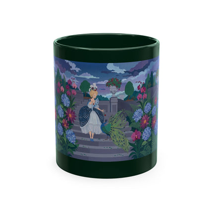 🦚🌸 The Lady & The Peacock On The Garden Steps Ceramic Mug – Art Deco Garden Elegance