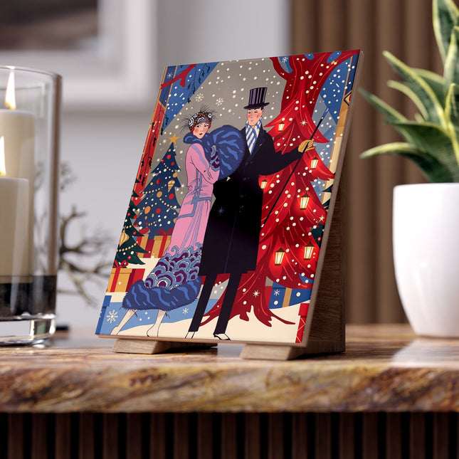 🎄✨ Christmas Eve Promenade Ceramic Tile – Art Deco Holiday Romance