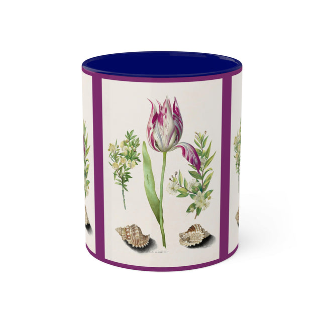 Tulip, Branches of Myrtle and Shells by Maria Sibylla Merian Colorful Mugs, 11oz