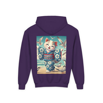 Geisha Kitten by the Seaside Youth Hooded Sweatshirt – Coastal Charm & Playful Style
