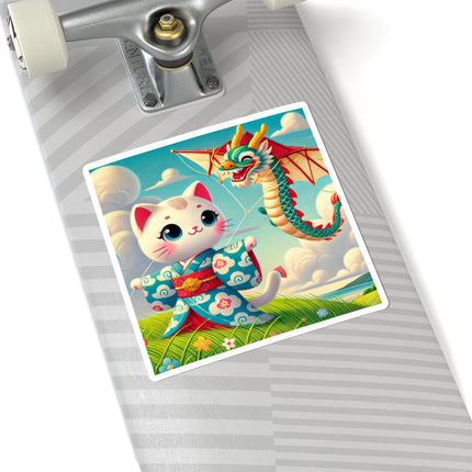 🪁🐉 Geisha Kitten and the Dragon Kite Kiss-Cut Sticker – Joyful Flight & Dragon Spirit
