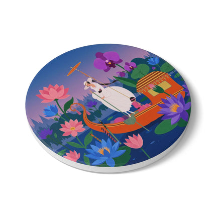 🪷🛶 The Lady Of The Lotus Lake Ceramic Coaster – Art Deco Garden Voyage