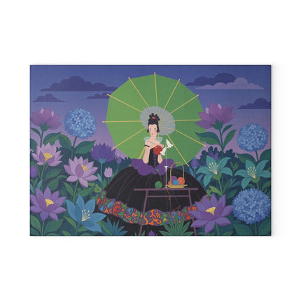 🧶🌸 The Lady Of The Lotus Threads Glass Cutting Board – Art Deco Floral Sewing Elegance