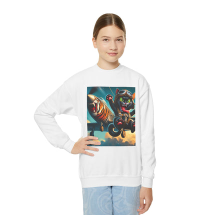 Parachuting Cat Commando Youth Crewneck Sweatshirt – High-Flying Adventure & Bold Fun