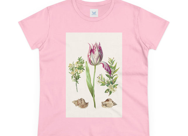 Tulip flower with Two Branches of Myrtle and Shells Cotton Tee