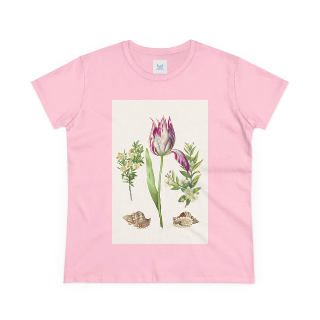Tulip flower with Two Branches of Myrtle and Shells Cotton Tee