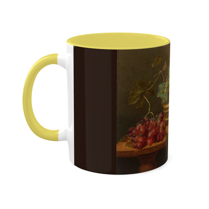 Basket of Grapes and a Pomegranate on a Table by Jacob van Hulsdonck Colorful Mugs, 11oz