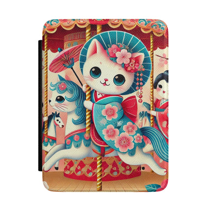 Geisha Kitten's Enchanted Carousel Kindle Case – Whimsical Dreams & Cherry Blossom Magic