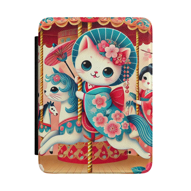 Geisha Kitten's Enchanted Carousel Kindle Case – Whimsical Dreams & Cherry Blossom Magic