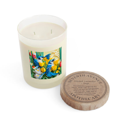 Blue Jays in a Spring Garden Scented Candle - Full Glass, 11oz - The White Tea & Fig, The Lavender & Sage, and The Ocean Mist & Moss