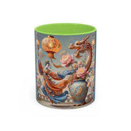 Golden Dragon & Lantern Lady Colorful Mug – Imperial Dragon & Elegant Harmony