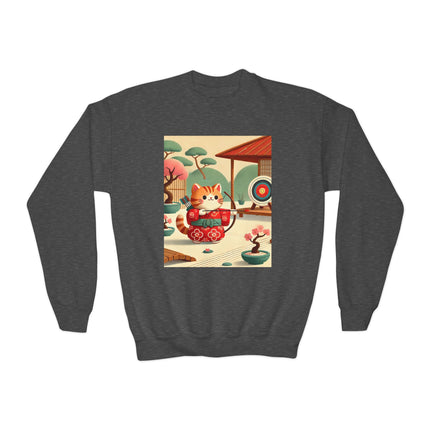 Archer Kitten in the Zen Garden Youth Crewneck Sweatshirt – Focus, Calm & Playful Precision
