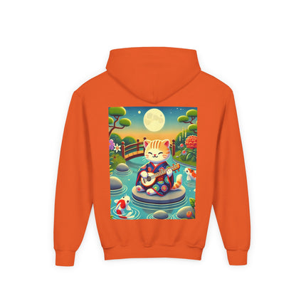 Melodic Kitten by the Koi Pond Youth Hooded Sweatshirt – Peaceful Harmony & Playful Music
