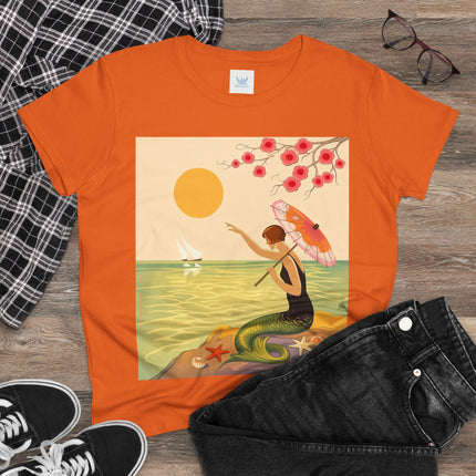 🧜‍♀️🌸 The Mermaid Beneath The Blossoms Cotton Tee – Art Deco Seaside Fantasy